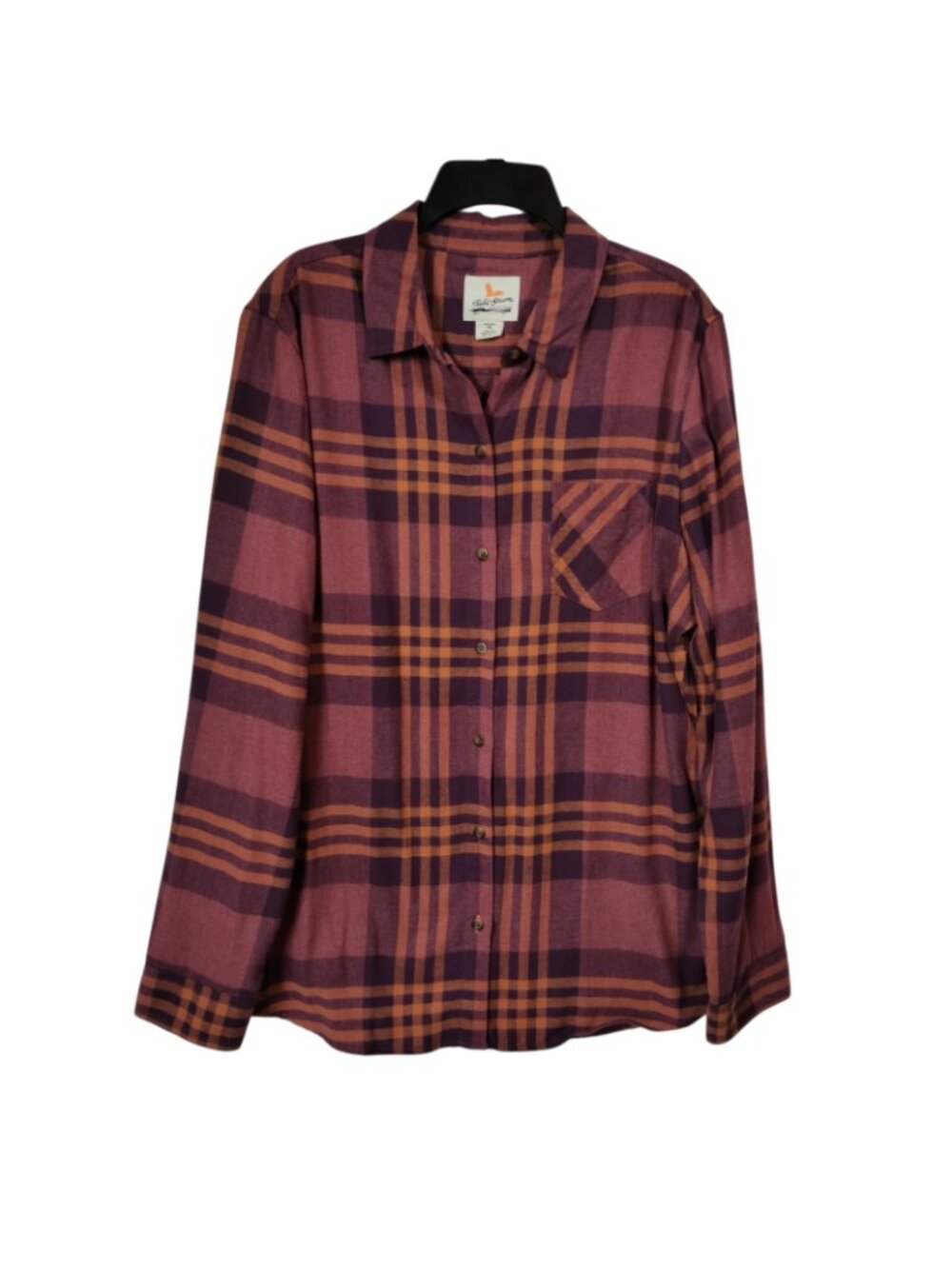 Field & Stream Womens XL Plaid Flannel Shirt Purple Orange Button Up Long Sleeve